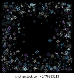 Falling snow confetti, snowflakes vector xmas frame. Winter holidays, Christmas, New Year party decoration. Cold ice frame, winter storm, sparkling trail. Vintage snowfall falling snowflakes confetti