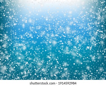 Falling Snow Confetti Winter Vector Background. Christmas, New Year Celebration Snowflakes Pattern. Realistic Flying Snow, Storm Sky Effect. Winter Ad Decoration. Falling Snow Winter Confetti On Blue