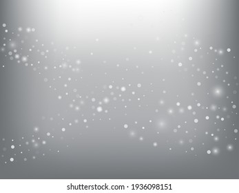 Falling Snow Confetti Winter Vector Background. Christmas, New Year Celebration Snowflakes Pattern. Realistic Flying Snow, Storm Sky Effect. Winter Ad Decoration. Falling Snow Winter Confetti On Gray