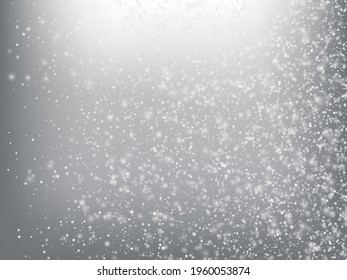 Falling Snow Confetti Winter Vector Background. Christmas, New Year Celebration Snowflakes Pattern. Realistic Flying Snow, Storm Sky Effect. Winter Ad Decoration. Falling Snow Winter Confetti On Gray