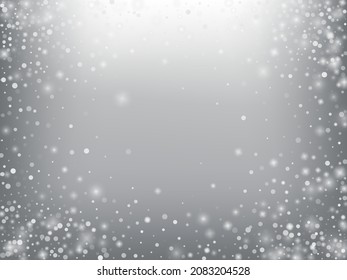 Falling Snow Confetti Winter Vector Background. Christmas, New Year Celebration Snowflakes Pattern. Realistic Flying Snow, Storm Sky Effect. Winter Ad Decoration. Falling Snow Winter Confetti On Gray