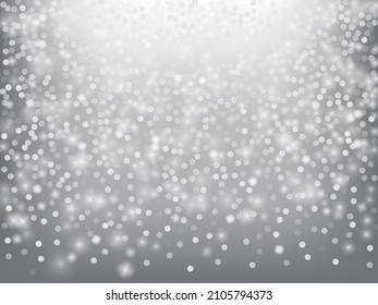 Falling Snow Confetti Winter Vector Background. Christmas, New Year Celebration Snowflakes Pattern. Realistic Flying Snow, Storm Sky Effect. Winter Ad Decoration. Falling Snow Winter Confetti On Gray