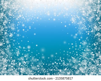 Falling Snow Confetti Winter Vector Background. Christmas, New Year Celebration Snowflakes Pattern. Realistic Flying Snow, Storm Sky Effect. Winter Ad Decoration. Falling Snow Winter Confetti On Blue