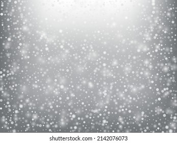 Falling Snow Confetti Winter Vector Background. Christmas, New Year Celebration Snowflakes Pattern. Realistic Flying Snow, Storm Sky Effect. Winter Ad Decoration. Falling Snow Winter Confetti On Gray