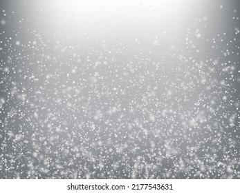 Falling Snow Confetti Winter Vector Background. Christmas, New Year Celebration Snowflakes Pattern. Realistic Flying Snow, Storm Sky Effect. Winter Ad Decoration. Falling Snow Winter Confetti On Gray