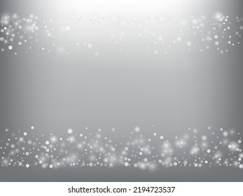 Falling Snow Confetti Winter Vector Background. Christmas, New Year Celebration Snowflakes Pattern. Realistic Flying Snow, Storm Sky Effect. Winter Ad Decoration. Falling Snow Winter Confetti On Gray