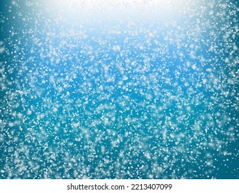 Falling Snow Confetti Winter Vector Background. Christmas, New Year Celebration Snowflakes Pattern. Realistic Flying Snow, Storm Sky Effect. Winter Ad Decoration. Falling Snow Winter Confetti On Blue