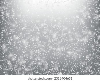 Fallender Schneekonfetti Wintervektorhintergrund. Weihnachten, Neujahr Feiern Schneeflocken Muster. Realistischer Fliegerschnee, Sturm Sky-Effekt. Winter-Ad-Dekoration. Fallende Winterkonfetti auf Grau