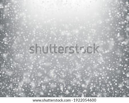 Falling Snow Confetti Winter Vector Background. Christmas, New Year Celebration Snowflakes Pattern. Realistic Flying Snow, Storm Sky Effect. Winter Ad Decoration. Falling Snow Winter Confetti On Gray