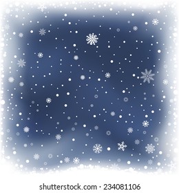 The falling snow and dark blue night winter background