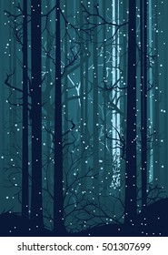 Falling snow in dark winter forest with trees silhouettes.