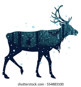 Falling snow in dark winter forest with trees and deer silhouette.