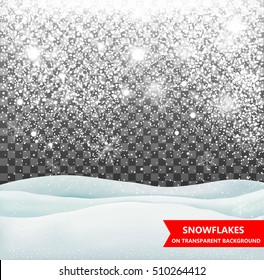 The falling snow and drifts on a transparent background. Snowfall. Christmas. Snowflakes and snow drifts. Snowflake vector illustration