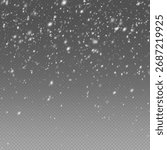 Falling snow dust and snowflake overlay. Transparent white winter background with realistic snowfall for festive design.