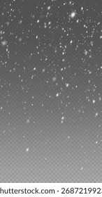 Falling snow dust and snowflake overlay. Transparent white winter background with realistic snowfall for festive design.