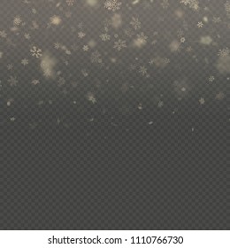 Falling snow flake golden overlay effect teplate isolated on transparent white background. EPS 10