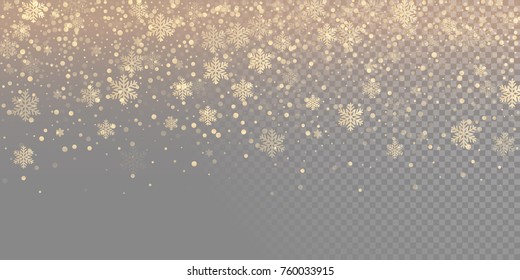 Falling Snow Flake Golden Pattern Background. Gold Snowfall Overlay Texture Isolated On Transparent White Background. Winter Xmas Snowflake Elementsfor Christmas Of New Year Holiday Design Template