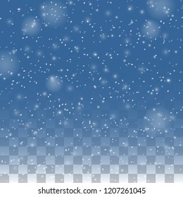 Falling snow flake pattern background. White snowfall overlay texture isolated on transparent background. Winter snowflake template for Christmas of New Year holiday design.Vector. Eps10.