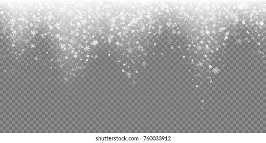 Falling snow flake pattern background. White cold snowfall overlay texture isolated on transparent background. Winter Xmas snowflake ice elements template for Christmas of New Year holiday design