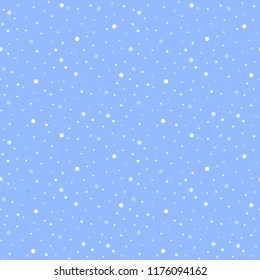 Falling snow, flakes, dots vector seamless pattern. White, blue splash, round blobs, spots, specks, snowflakes of different size chaotic background. Winter, New Year, Christmas flat snowfall texture.