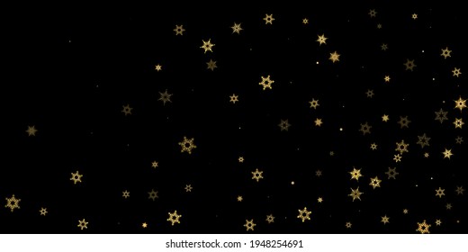 La nieve en caída tiñe un patrón dorado. Ilustración con nieve de oro volando, helada, nevada. Impresión de invierno para celebración de navidad en el fondo negro de la noche. Ilustración del vector de vacaciones para Año Nuevo.