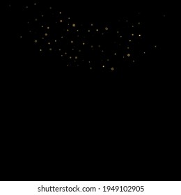 Falling Snow flakes golden pattern. Illustration with flying gold snow, frost, snowfall. Winter print for christmas celebration on black night background. Holiday Vector illustration for New Year.