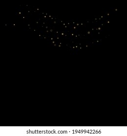 Falling Snow flakes golden pattern. Illustration with flying gold snow, frost, snowfall. Winter print for christmas celebration on black night background. Holiday Vector illustration for New Year.