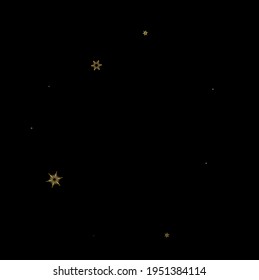 Falling Snow flakes golden pattern. Illustration with flying gold snow, frost, snowfall. Winter print for christmas celebration on black night background. Holiday Vector illustration for New Year.