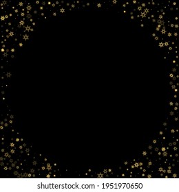 Falling Snow flakes golden pattern. Illustration with flying gold snow, frost, snowfall. Winter print for christmas celebration on black night background. Holiday Vector illustration for New Year.