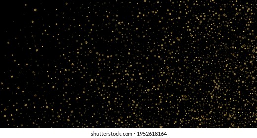 Falling Snow flakes golden pattern. Illustration with flying gold snow, frost, snowfall. Winter print for christmas celebration on black night background. Holiday Vector illustration for New Year.