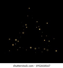 Falling Snow flakes golden pattern. Illustration with flying gold snow, frost, snowfall. Winter print for christmas celebration on black night background. Holiday Vector illustration for New Year.