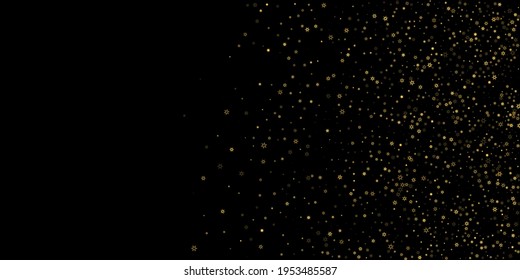 Falling Snow flakes golden pattern. Illustration with flying gold snow, frost, snowfall. Winter print for christmas celebration on black night background. Holiday Vector illustration for New Year.