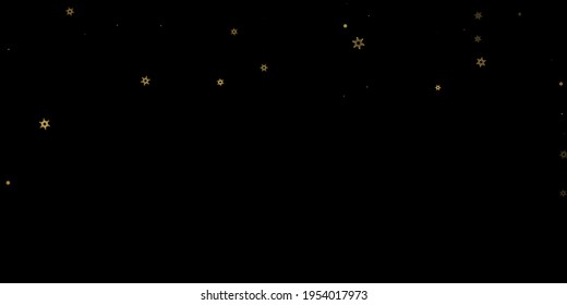 Falling Snow flakes golden pattern. Illustration with flying gold snow, frost, snowfall. Winter print for christmas celebration on black night background. Holiday Vector illustration for New Year.