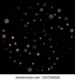 Falling Snow flakes golden pattern. Illustration with flying gold snow, frost, snowfall. Winter print for christmas celebration on black night background. Holiday Vector illustration for New Year.