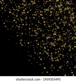 Falling Snow flakes golden pattern. Illustration with flying gold snow, frost, snowfall. Winter print for christmas celebration on black night background. Holiday Vector illustration for New Year.