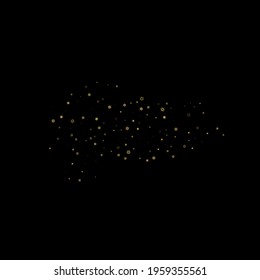 Falling Snow flakes golden pattern. Illustration with flying gold snow, frost, snowfall. Winter print for christmas celebration on black night background. Holiday Vector illustration for New Year.