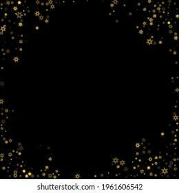 Falling Snow flakes golden pattern. Illustration with flying gold snow, frost, snowfall. Winter print for christmas celebration on black night background. Holiday Vector illustration for New Year.