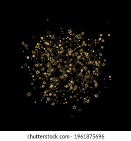 Falling Snow flakes golden pattern. Illustration with flying gold snow, frost, snowfall. Winter print for christmas celebration on black night background. Holiday Vector illustration for New Year.