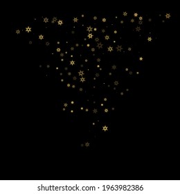 Falling Snow flakes golden pattern. Illustration with flying gold snow, frost, snowfall. Winter print for christmas celebration on black night background. Holiday Vector illustration for New Year.