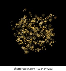 Falling Snow flakes golden pattern. Illustration with flying gold snow, frost, snowfall. Winter print for christmas celebration on black night background. Holiday Vector illustration for New Year.