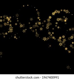 Falling Snow flakes golden pattern. Illustration with flying gold snow, frost, snowfall. Winter print for christmas celebration on black night background. Holiday Vector illustration for New Year.