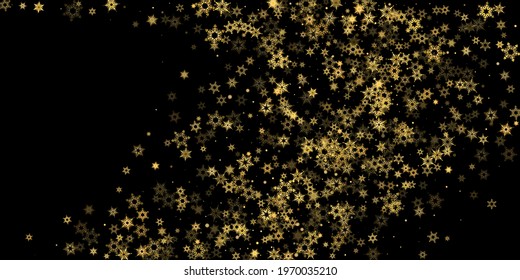 Falling Snow flakes golden pattern. Illustration with flying gold snow, frost, snowfall. Winter print for christmas celebration on black night background. Holiday Vector illustration for New Year.