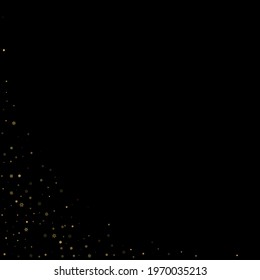 Falling Snow flakes golden pattern. Illustration with flying gold snow, frost, snowfall. Winter print for christmas celebration on black night background. Holiday Vector illustration for New Year.