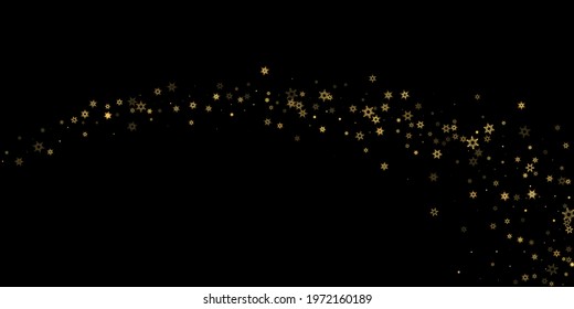 Falling Snow flakes golden pattern. Illustration with flying gold snow, frost, snowfall. Winter print for christmas celebration on black night background. Holiday Vector illustration for New Year.