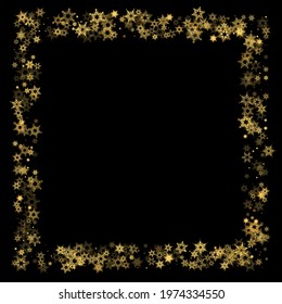 Falling Snow flakes golden pattern. Illustration with flying gold snow, frost, snowfall. Winter print for christmas celebration on black night background. Holiday Vector illustration for New Year.