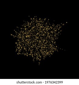 Falling Snow flakes golden pattern. Illustration with flying gold snow, frost, snowfall. Winter print for christmas celebration on black night background. Holiday Vector illustration for New Year.