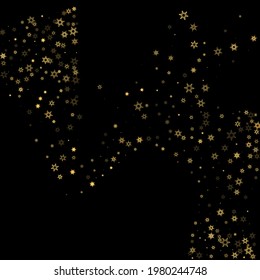 Falling Snow flakes golden pattern. Illustration with flying gold snow, frost, snowfall. Winter print for christmas celebration on black night background. Holiday Vector illustration for New Year.