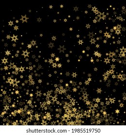 Falling Snow flakes golden pattern. Illustration with flying gold snow, frost, snowfall. Winter print for christmas celebration on black night background. Holiday Vector illustration for New Year.