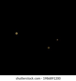 Falling Snow flakes golden pattern. Illustration with flying gold snow, frost, snowfall. Winter print for christmas celebration on black night background. Holiday Vector illustration for New Year.
