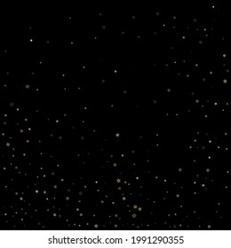 La nieve en caída tiñe un patrón dorado. Ilustración con nieve de oro volando, helada, nevada. Impresión de invierno para celebración de navidad en el fondo negro de la noche. Ilustración del vector de vacaciones para Año Nuevo.